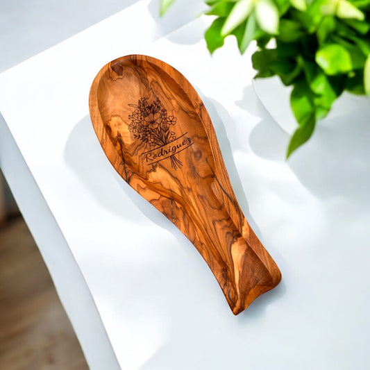 Personalized Olivewood Spoon Rest - Custom Engraved Kitchen Accessory.