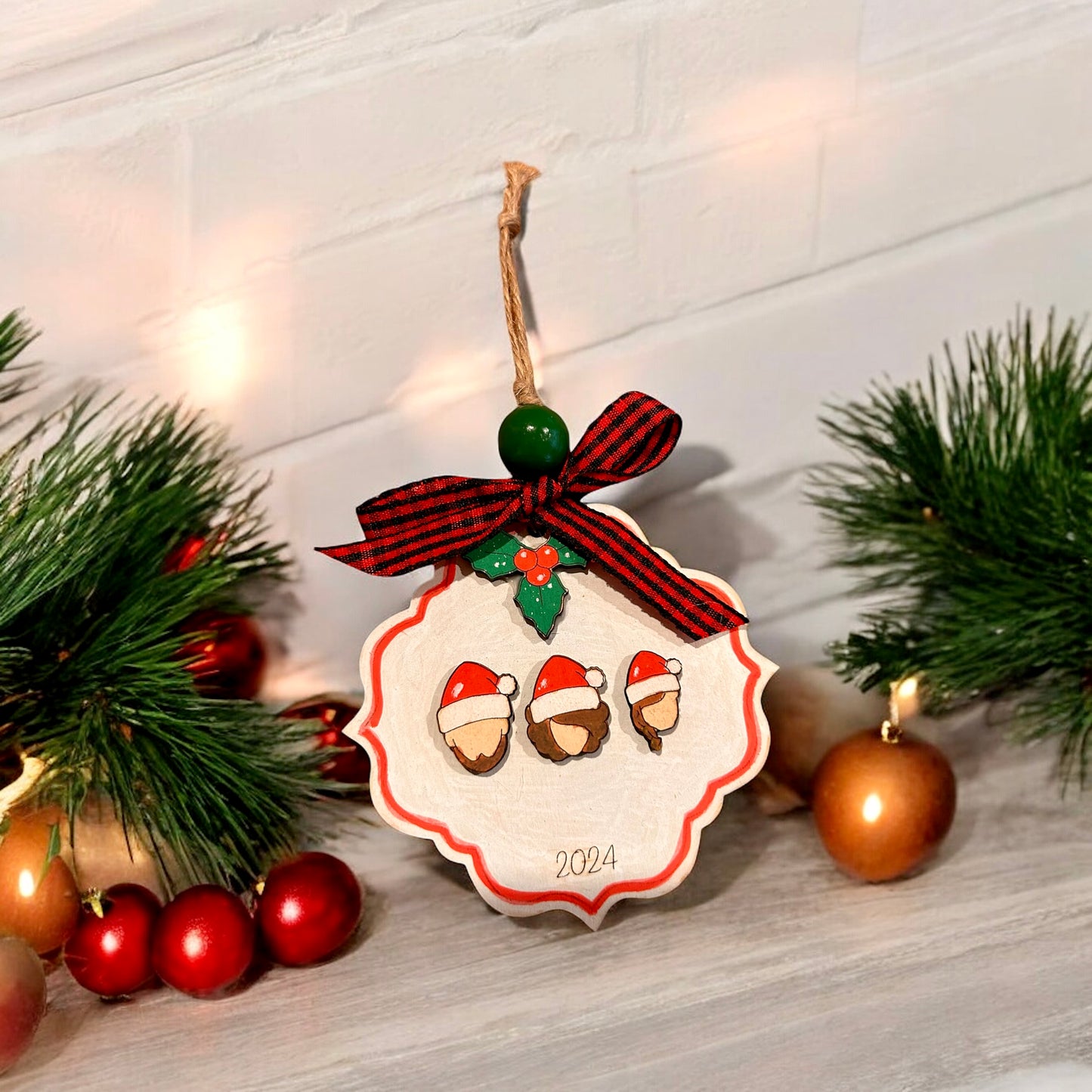 Custom Family Christmas Ornament with Santa Hats.