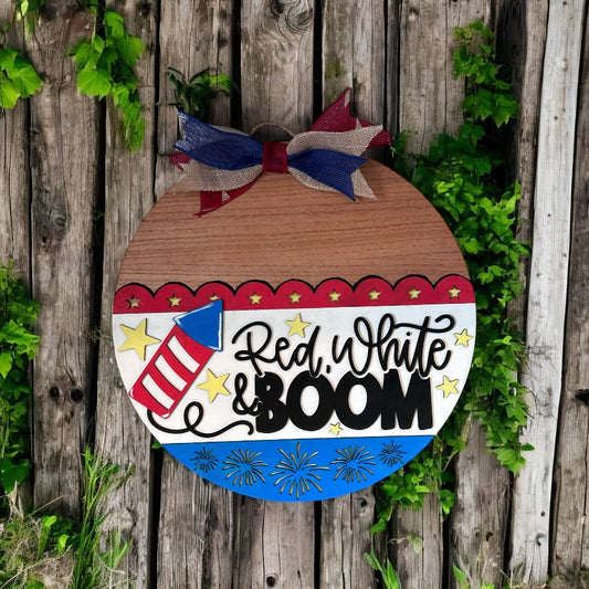 Red, White and Boom” Patriotic Door Hanger – DIY Kit or Finished Sign (15-Inch Round)