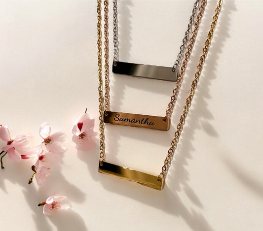 Customizable Stainless Steel Horizontal Bar Necklace.