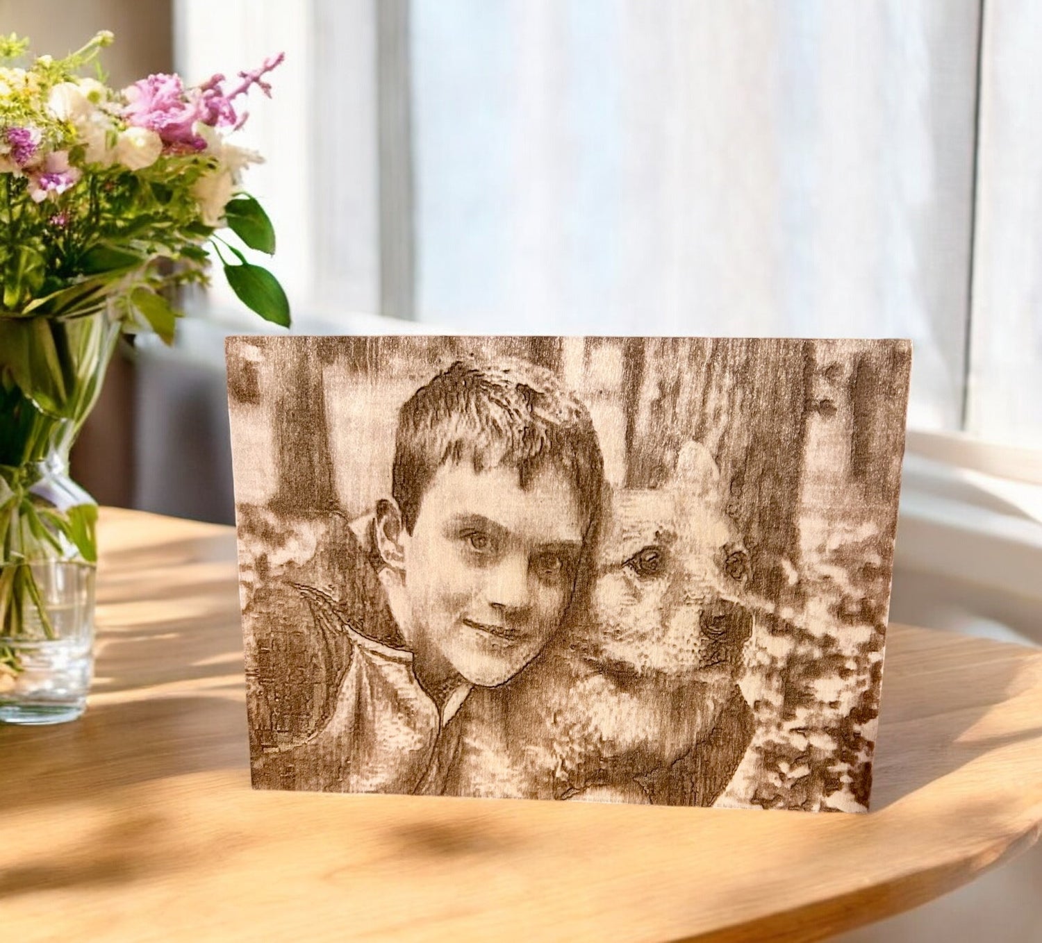 Capturing love in wood: A couple's portrait engraved on a wood plaque with a heartfelt handwritten message—a timeless and personalized keepsake. 