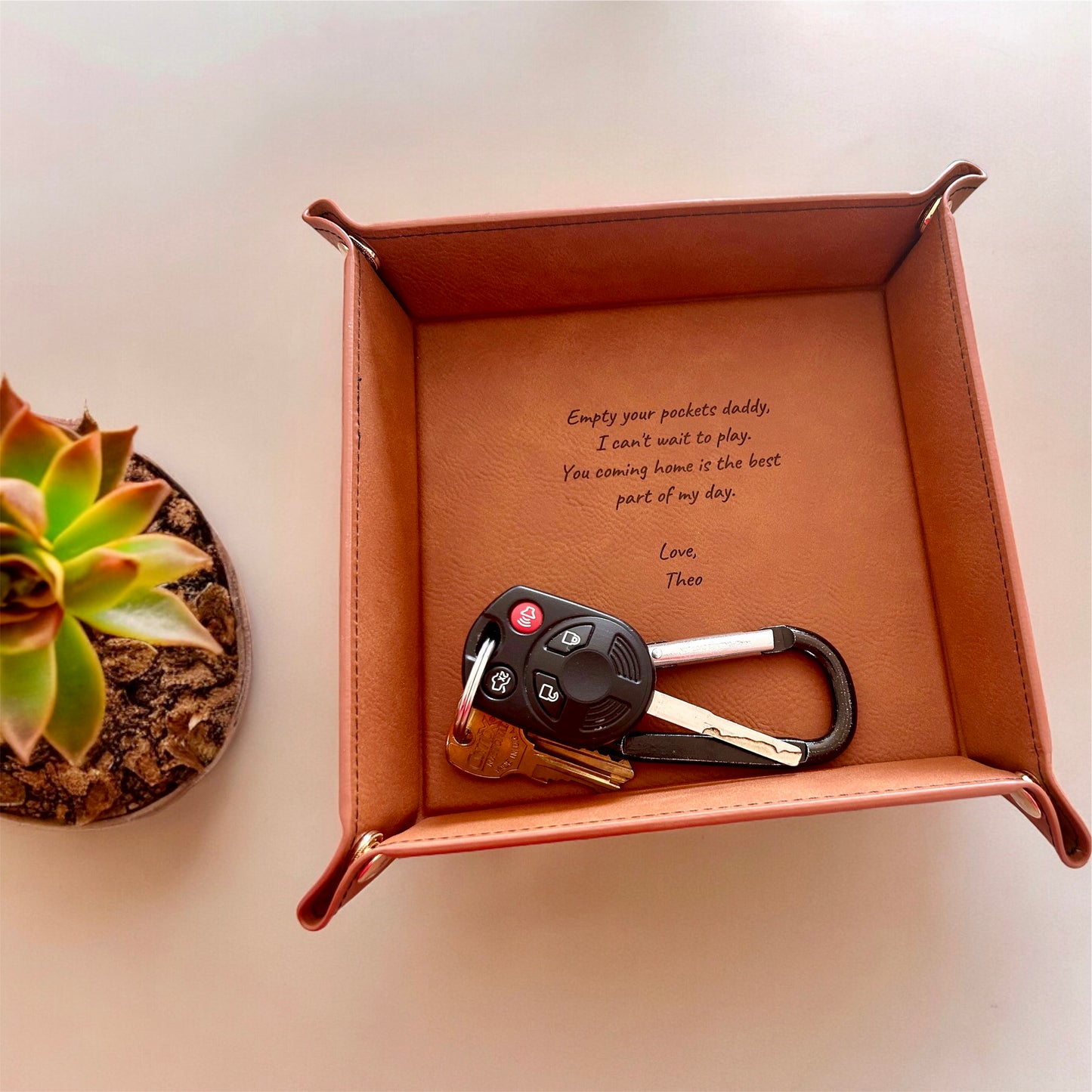 Personalized Faux Leather Valet Tray – “Empty Your Pockets Daddy” Message