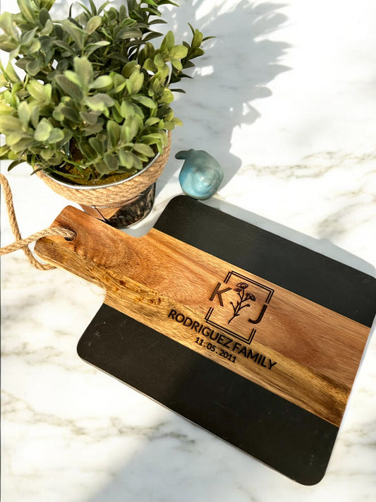 Personalized Acacia Wood and Slate Cutting Board