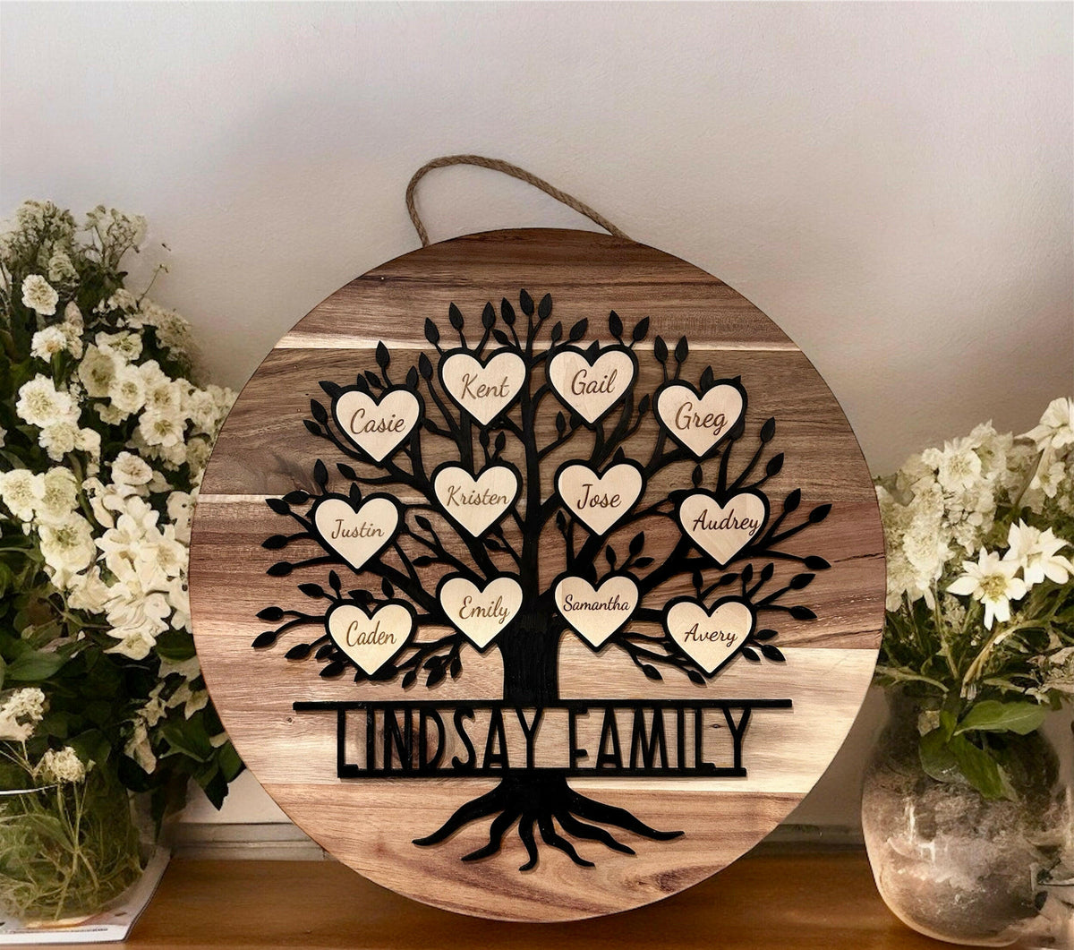 Engraved Tree Sign Personalized Family Tree Sign with Engraved Hearts – Custom Wooden Wal ...