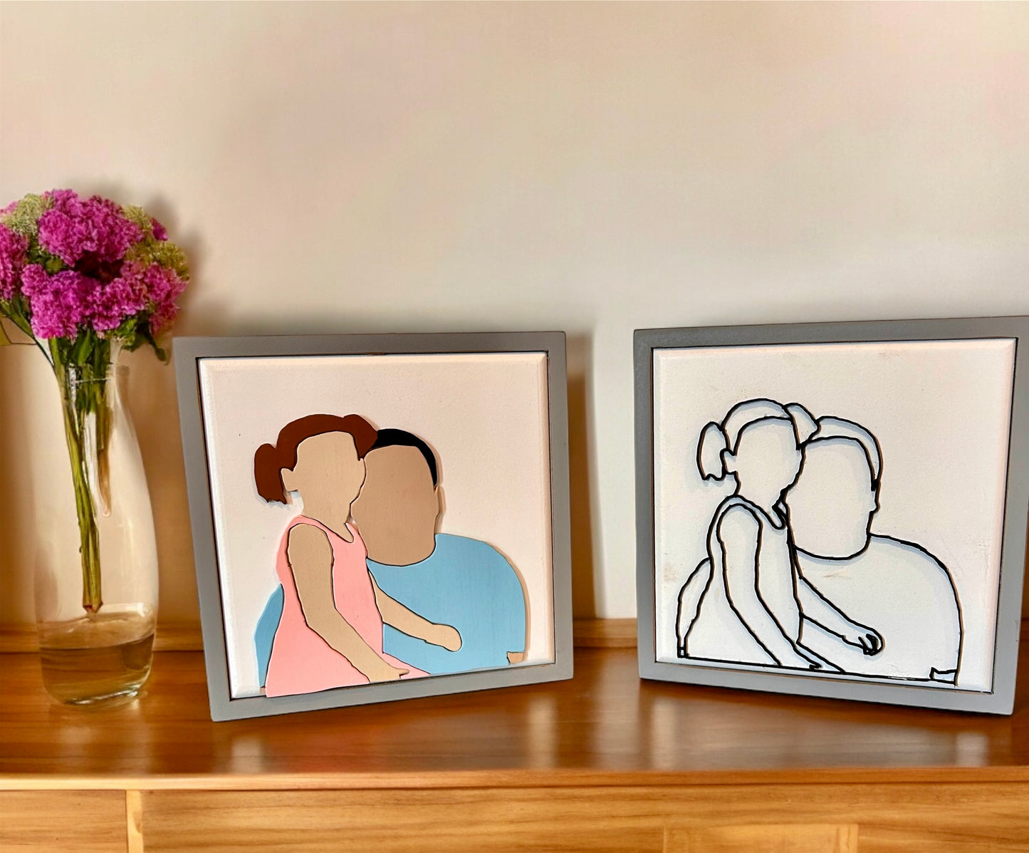 Custom Faceless Wood Portrait & Line Drawing - Personalized Handcrafted Art